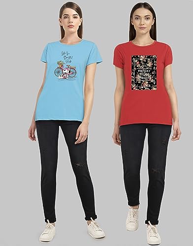 Image of Combo Women's T-Shirts, Cotton Half Sleeves Round-Neck Printed T-Shirt for Girls, & Women Tees (Pack of 2) 960-980-