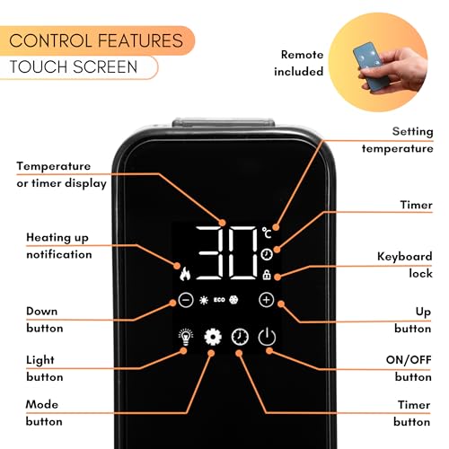 Oil Filled Radiator Free Standing – Electric Heater Energy Efficient – 11 Fin, 2500W, Black Portable Heater – Touch Screen Electric Radiator with Remote Control– by Nuovva