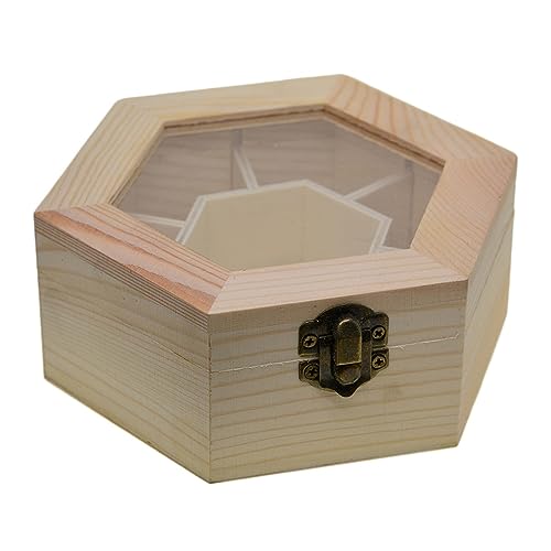 Boîte de rangement de bijoux en bois uni hexagonal avec couvercle en verre