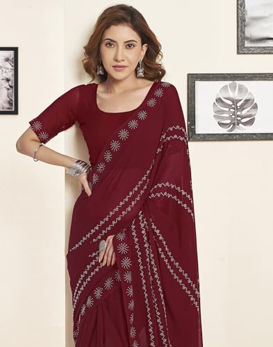 Image of SIRIL Women's Georgette Stone Work Saree With Unstitched Blouse Piece