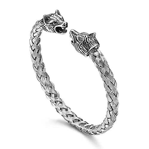 XYJJ Acciaio Inox Uomo Bracciale, Bracciale Catena Acciaio Inox, Bracciale Rigido in intrecciato, Testa di Lupo Bracciale, Flessibile e Regolabile, Per Abbigliamento da Uomo(d'Argento)