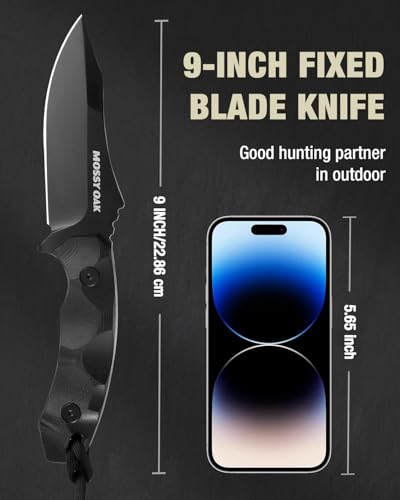 Image of Mossy Oak 9 inch Fixed Blade Hunting Knife with Sheath - Black | 14C28N Full Tang; G10 Handle; Outdoor Knife for Survival, Camping, Hiking