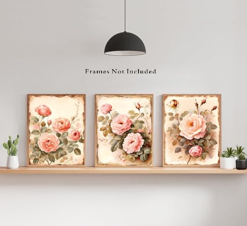 Image of Vintage Flowers Canvas Wall Art Pink Rose Wall Decor,Dark Academia Botanical Wall Art,Retro Floral Valentine Pictures Farmhouses Decor for Home Office Flower Artwork Set of 4 (8''X10''Unframed)