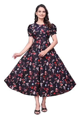 Image of Women's A-Line Crepe Maxi Dress | Stylish Fit and Flare Dress with Round Neck Short Puff Sleeves for Casual Wear