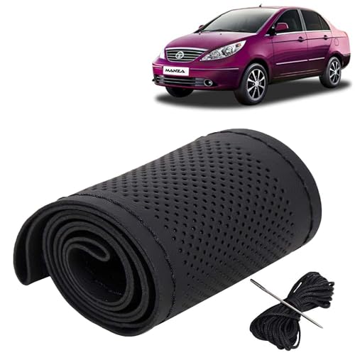 Image of KINGSWAY PU Leatherite Car Steering Cover Sewable Compatible with Tata Manza (Year 2009-2016), Black Color with Black Thread, Pack of 1 with Sewing Needle and Thread