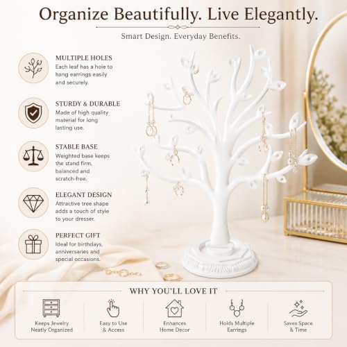 Image of morel JEWEL TREE PLASTIC EARRING ORGANIZERS - EARRING HOLDER WITH 29 HOLES FOR STUDS, EARRING,HANGING EARRINGS, DISPLAY STORAGE STAND - WHITE WITH PLASTIC BASE.(PACK OF 2)