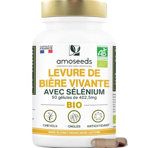 Levure de Bière Active BIO | Cheveux et Ongles | Levure Vivante, 1200mg / jour, Sans Gluten | Enrichie en Sélénium | 90 gélules vegan | Fabriqué en France |...