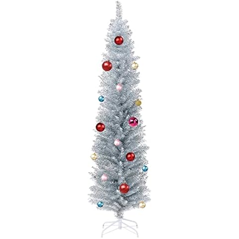 Wellwood 6 ft Silver Tinsel Pencil Christmas Tree with 24ct Ornament Set & Metal Stand Cover