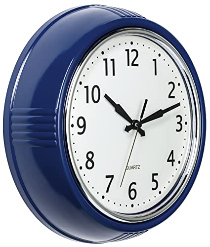 Bernhard Products Horloge Murale rétro de 24,1 cm - Bleu Marine - Design Vintage des années 50 - Ronde - Silencieuse - Quartz de qualité - Fonctionnement à...
