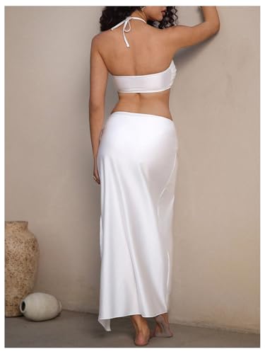 Verdusa Women's 3 Piece Swimsuit Metal Decor Halter Bikini Set with Maxi Cover Up Skirt2