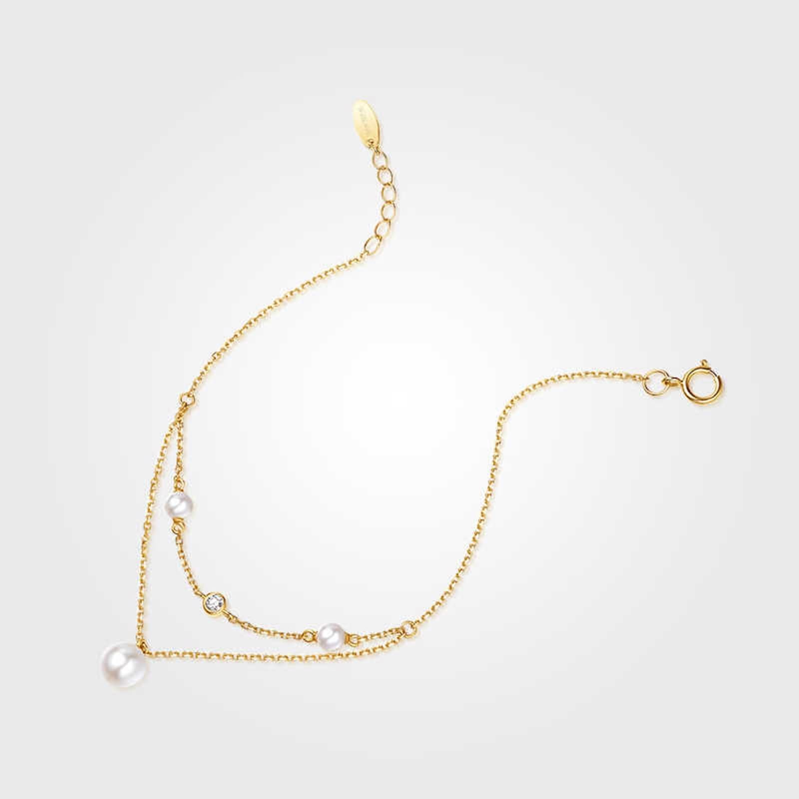 KnSam Bracciale da donna in oro giallo 9 K/14 K/18 carati, con perle, doppio strato 3-3,5 mm/5,5 – 6 mm, taglio rotondo, bianco, con moissanite 18/14/9 carati