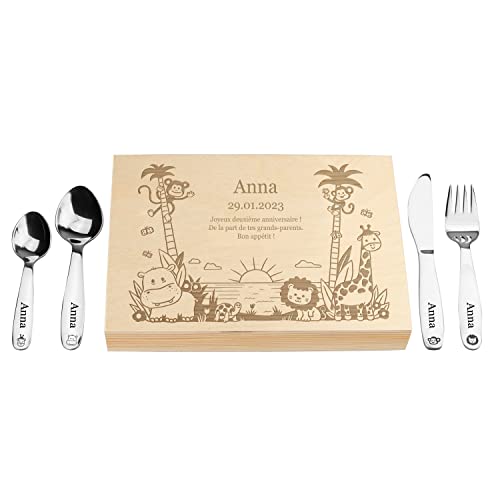 LAUBLUST Couverts pour Enfants gravés avec boîte - Cadeau personnalisée en Bois - Naturel - 4 pièces - Couverts de Table en Acier Inoxydable - Cadeau...