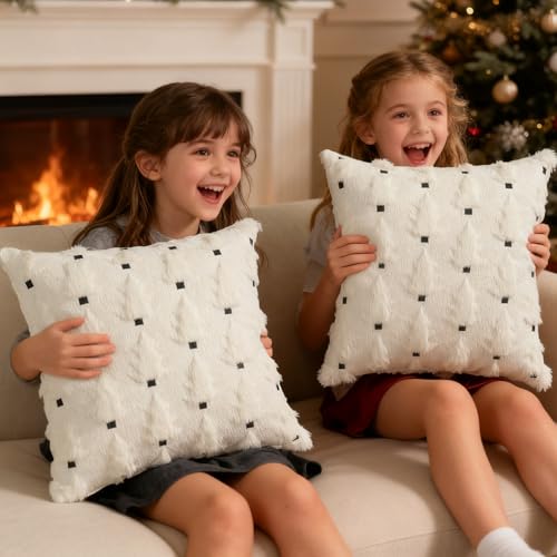 Artmag Christmas Pillow Covers 16x16 inch Set of 2 Soft Plush Faux Fur Christmas Tree Throw Pillow Cases for Winter Holiday Xmas Decorations Cream White by Artmag - Image 5