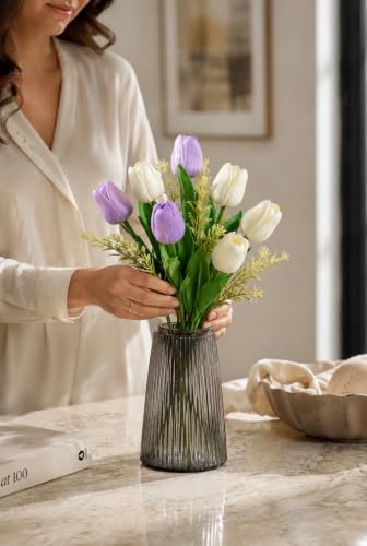Image of Divyakosh Artificial Flowers Bunch (Vase Not Included). Artificial Flower for Vase Flower Bouquet Gift, 8 Artificial Tulips, 5 Ivory White & 3 Soft Lavender, Home Decor for Living Room