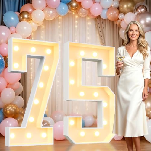 Image of Pooqla 4FT Marquee Numbers, Large Light Up Number 75th Birthday Party Decor | Warm White LED Marquee Light Up Numbers 4 Feet Tall, Party Decorations for 75th Birthday Anniversary Photo Backdrop