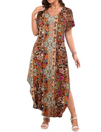 Image of JollieLovin Womens Plus Size Casual Summer Maxi Long Dress Short Sleeve T-Shirt Loose Sun Dress(L-5X)