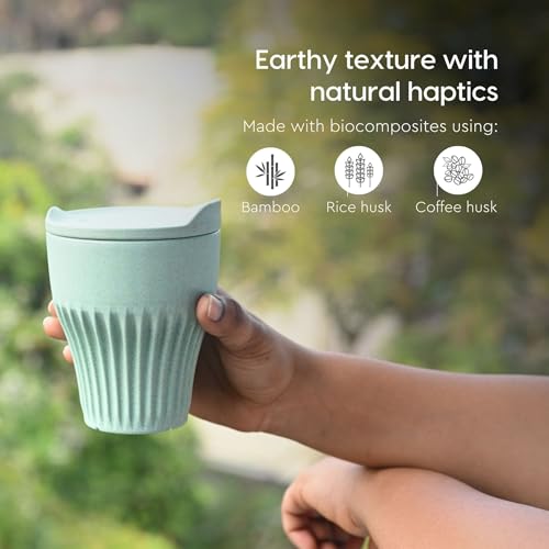 Image of Eha Earth Friendly Rafter Coffee Mug with Lid | Tea Cup Set | 300 ml | Made with Rice Husk | Microwave Safe Mugs for Gifting | 2 Unit | Celeste