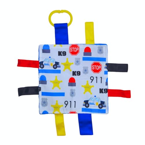Image of Baby Jack & Co 8x8” Police Law Enforcement Office Blue Line Lovey Tag Toy - Crinkle Toy for Developing 5 Senses - Soother - Learn Shapes & Colors - Travel Gift - BPA Free w/Stroller Clip