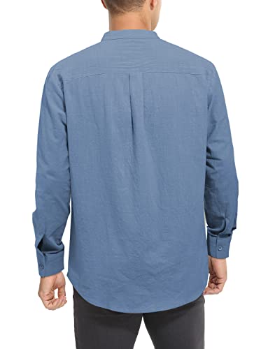 Tureface Men's Casual Button-Down Shirts Linen Cotton Long Sleeve Collarless Blue Beach Shirts For Men #TOP2