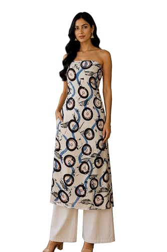 Image of Ethnics of Kutch Women's Ajrakh Modal Silk Natural Dye Hand Block Print Unstitched Kurta Fabric Mtr Length (2.5 Mtrs - Cream 20101F)