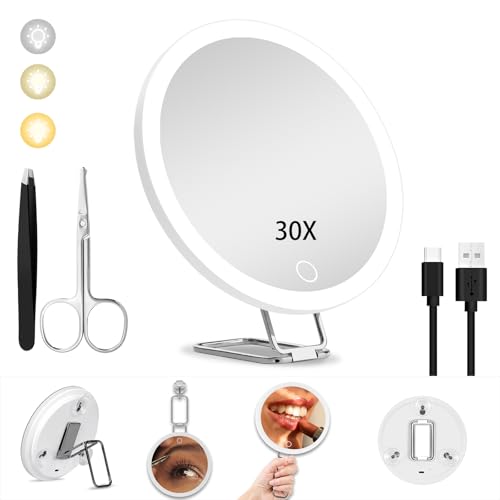 JJhxr 30X Magnifying Mirror with Light,6" Large Makeup Magnifying Mirror,3 colors Dimmable Makeup Mirror with 360° Table Stand,Portable