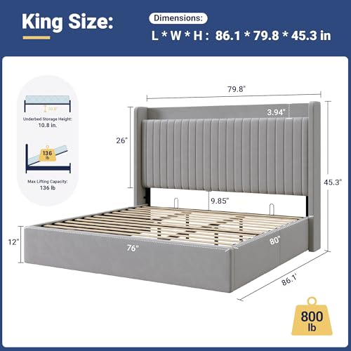 Image of Allewie King Size Lift Up Storage Bed Frame,Storage Shelf Headboard with Charging Station,Type-C and USB Ports,Hydraulic Support,Velvet Upholstered Bed Frame,No Box Spring Needed,Grey