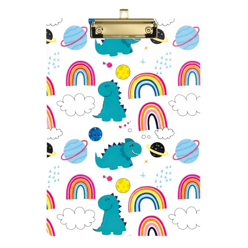 かわいい恐竜レインボーホワイトアクリルクリップボード、目立たないメタルクリップ付き、学生用、12.5インチ x 9インチ。