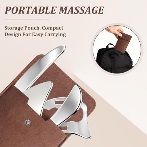 4-in-1 Gua Sha Edelstahl, Edelstahl Muskelschaber Werkzeug, Lymphdrainage Massage Tool, Muskel Faszien Schaber mit Filz Aufbewahrungstasche für Beine, Rücken, Gesicht, Nacken, Massage Gua Sha