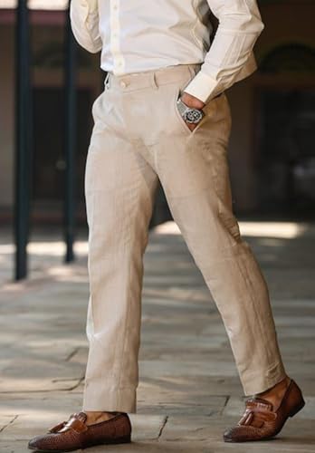 Men's Classic Fit Linen Dress Pants Slim Fit Pleated Beach Trousers for Summer Wedding Party4