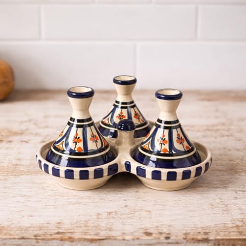 Mini Tajine Triplo Porta Spezie in Ceramica Terracotta Marocchina di Safi - Eleganza Artigianale 3012250800 Tunisia Turchia Etnico del Modno