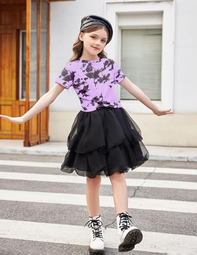 Image of Arshiner Girls Casual Tie Dye Short-Sleeve T-Shirt Cute Print Summer Blouse for Girls Twist Front Tunic Tee Tops