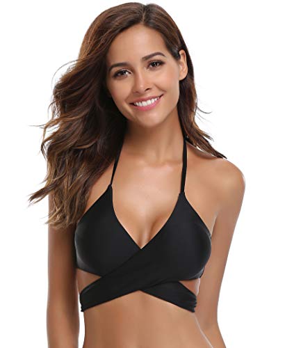 SHEKINI Womens Bathing Suits Push Up Halter Bandage Bikini Tops Floral Printing Swimsuit (Manhattan Black - Top, Small)