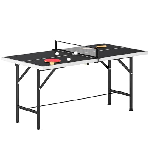 SPORTNOW Mini Mesa de Ping Pong Plegable 152x76x70 cm, Mesa de Ping Pong Exterior con Red, 2 Raquetas y 3 Pelotas, Fácil de Transportar, Estable, para Interior y Exterior, Negro