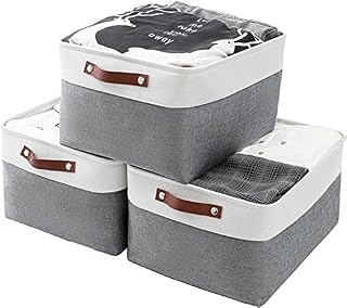 Mangata Woven Fabric Storage Boxes Set of 3, Canvas Storage Organizer for Clothes, Toys, Shelves, Cold Grey&White (Medium, 3Pack)