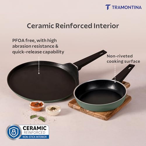 Image of TRAMONTINA Aura Cookware Set of 2- Frypan 20cm, Dosa tawa 28cm | Reinforced Ceramic Non-Stick Cookware | Quick & Even Heating | Low-Oil Cooking | Bakelite Handle | Induction & Gas | Sea Green