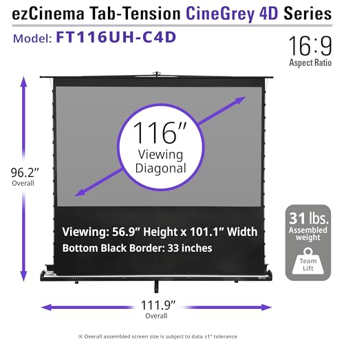 Elite Screens ezCinema Tab-Tension CineGrey 4D, 116-inch 16:9, Manual Floor Pull Up ISF Ceiling Ambient Light Rejecting, Portable Home Office Classroom Projector Screen with Carrying Bag, FT116UH-C4D by Elite Screens - Image 4