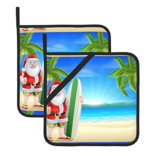 2 Pcs Pot Holders Santa Claus With The Beach And Surfboard Printed Square Pot Holders With Durable Heat Resistant For Bbq, Baking #TOP7