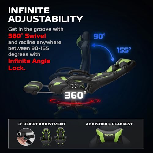 RESPAWN 110 Ergonomic Gaming Chair With Footrest Recliner - Racing Style High Back PC Computer Desk Office Chair - 360 Swivel, Lumbar Support, Adjustable Headrest Pillow, Padded Armrests - 2021 Green