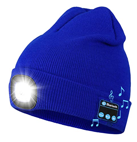 Image of Wmcaps Bluetooth Beanie with a Light, Unisex USB Rechargeable 4 LED Fashlight Hat with Cordless Headphones, Unique Christmas Birthday Gifts for Men Him Husband Teen