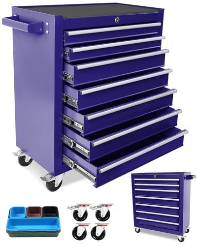 7-Drawer Rolling Tool Chest, Locking Removable Drawers Tool Cabinet with Stainless Steel Top & Brake Wheels, Heavy-Duty Garage Toolbox Cart for Home/Factory, Blue-Purple