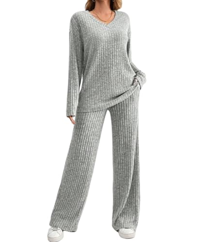 DURINM Conjunto Punto Mujer 2 Piezas Casual Ropa Verano Manga Corta de Punto y Cómodo Pantalon Suelto Moda Conjuntos Loungewear Deportivo Invierno Yoga Fitness Mujer Vestir Dos Piezas