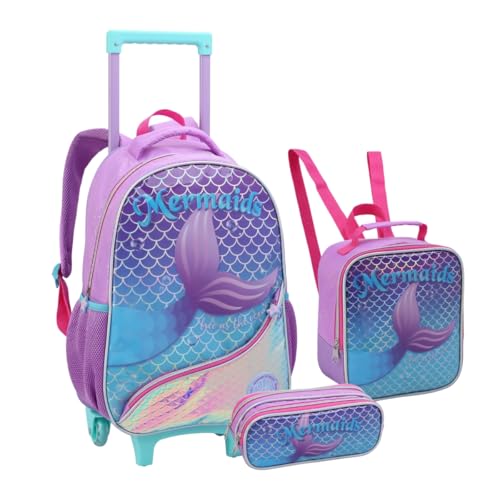 Kit Mochila Infantil Com Rodinha Menina Sereia Princesa Escolar Lancheira e Estojo Bolso Frontal (Sereia)