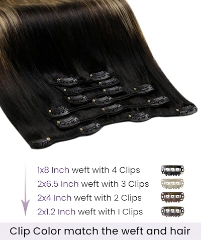 Image of LaaVoo Clip in Hair Extensions Ombre Quick Installation Straight Remy Hair | Human Hair Extensions Clip Ins, Black Ombre Brown Mix Caramel Brown, 24inch 140g 7pcs, Add Volume, For Long Hair, For Party