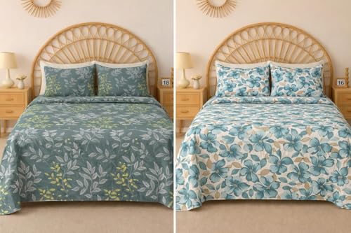 Image of HOMEKART 2 Bedsheet Combo Set with 4 Pillow Covers - Premium Cotton Glace Cotton Printed Double Bedsheets, 2 Elegant Colors, Soft Breathable Luxury Bedding Set - Botanical Olive
