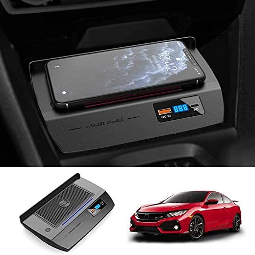 NAMEAL Car Wireless Charger for 10th Gen Civic 2020 2019 2018 2017 2016 Center Console Accessory Panel 15W Qi Fast Charging Phone Charger Pad with 18W QC3.0 USB Port and PD Port