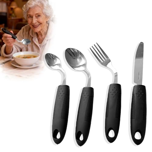 4-teilig Parkinson Besteck: 42° Feststehend links Besteck mit Schwarzer Griff, 430 Edelstahl Adaptives Besteckset Spiegelpolitur Flexibel Essbesteck...