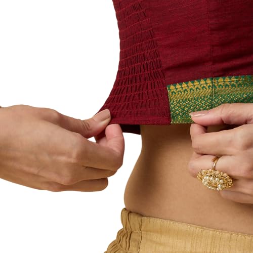 Image of Studio Shringaar Women's Handloom Cotton Stretchable (Smocked) Saree Blouse with Temple Zari Border