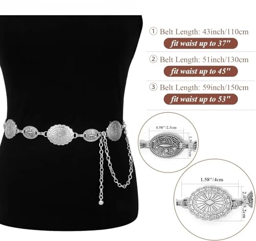 Metal Chain Belt 5Pcs Women's Metal Concho Belt - Western Cowgirl Country for Waist(D-Silver Chain)4