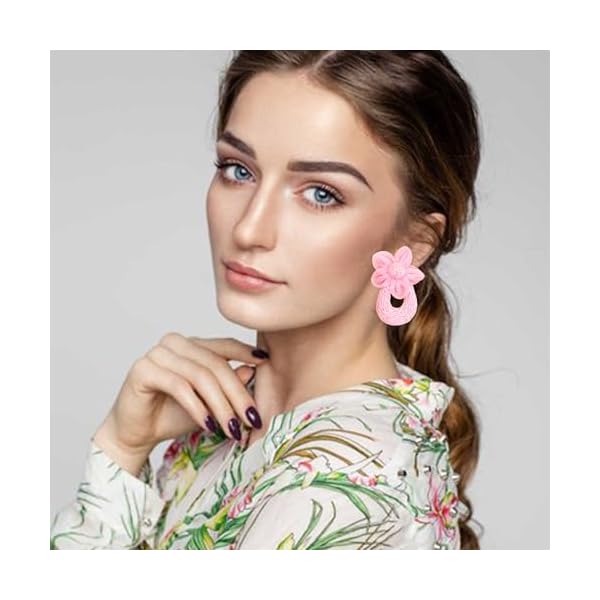 Stylish Ratten Straw Fabric Flower Earrings Bohemian Handmade Dangle Drop Earrings for Women Lightweight Summer Beach Party Jewelry - Image 3
