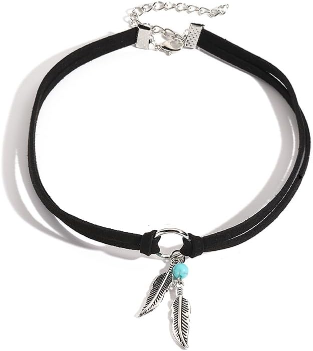 Bohemian Turquoise Leather Choker Necklace for Women Vintage Handmade Feather Layered Black Brown Suede Western Cowlady Necklace Western Country Party Jewelry Gifts